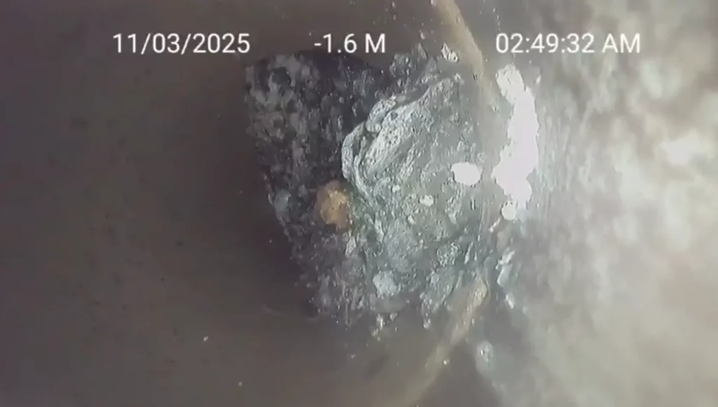 CCTV drain inspection in Bodmin Cornwall showing internal blockage inside a drainage pipe