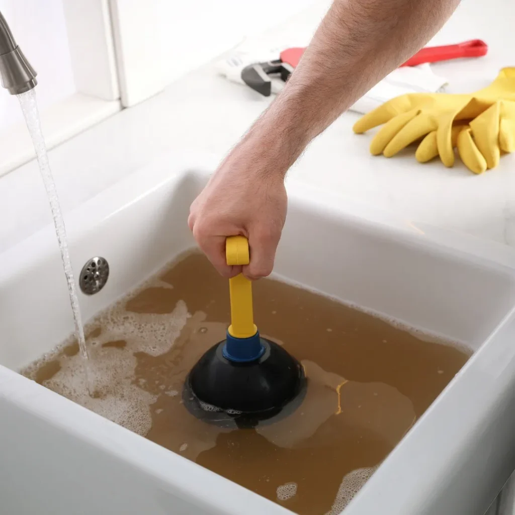Person using a plunger to unblock a kitchen sink with dirty water in Cornwall home